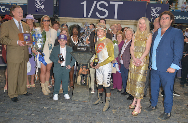Daniel Alonso, Tyler Gaffalione, Belinda Stronach and Saffie Joseph Jr. at the Pegasus World Cup 2026 winner circle at Gulfstream Park ( Photo by Johnny Louis / jlnphotography.com )