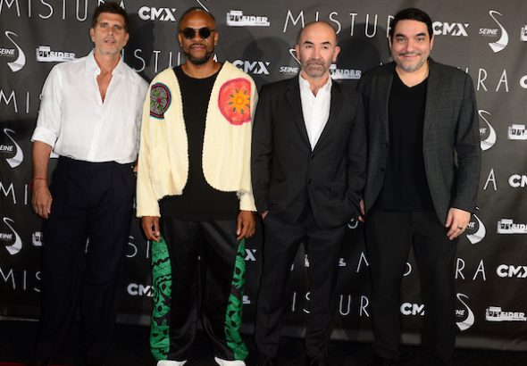 MIAMI, FLORIDA - APRIL 23: (L-R) Actor Christian Meier, Cesar "Pudy" Ballumbrosio, Director Ricardo de Montreuil and Producer Ivan Orlic attend the premiere of "Mistura" at CMX Brickell City Centre on April 23, 2026 in Miami, Florida. ( Photo by Johnny Louis / jlnphotography.com )