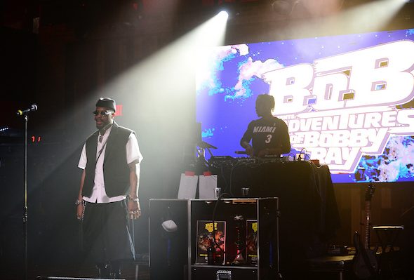 B.o.B performs live on stage during "The Adventures of Bobby Ray 15th Anniversary Tour" at Revolution Live ( Photo by Johnny Louis / jlnphotography.com )
