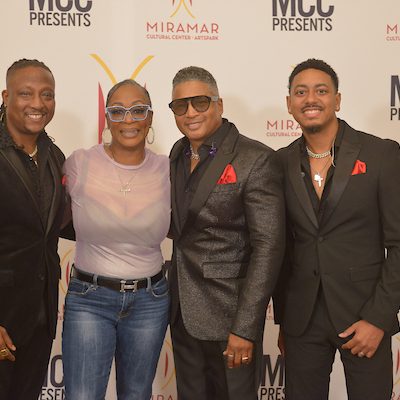 Will Robinson, Kevon Edmonds, Trevon Jones of R&B group After 7, Singer Regina Belle (2nd from L) pose for picture backstage during fans meet and greet at Miramar Cultural Center on October 10, 2025 in Miramar, Florida. ( Photo by Johnny Louis | jlnphotography.com )