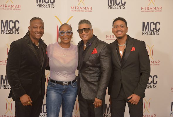 Will Robinson, Kevon Edmonds, Trevon Jones of R&B group After 7, Singer Regina Belle (2nd from L) pose for picture backstage during fans meet and greet at Miramar Cultural Center on October 10, 2025 in Miramar, Florida. ( Photo by Johnny Louis | jlnphotography.com )